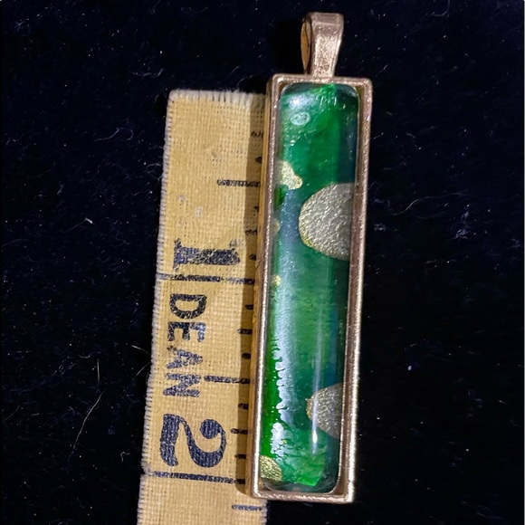 Hand-painted Green & Gold Alcohol Ink Art Under Domed Glass in Goldtone Setting - Picture 3 of 4